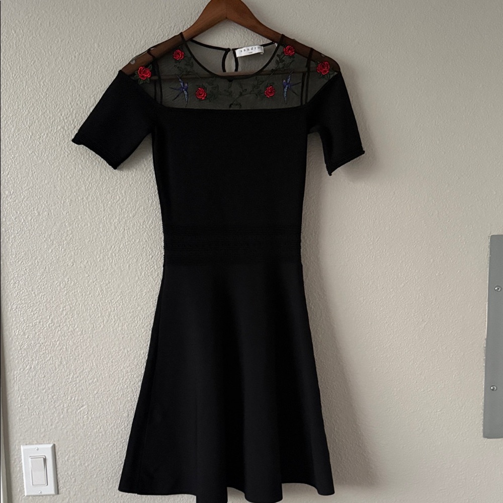 Sandro Rose and Bird Embroidery Paneled Knit Black Mesh Mini Fit Flare Dress 1 - Picture 3 of 14